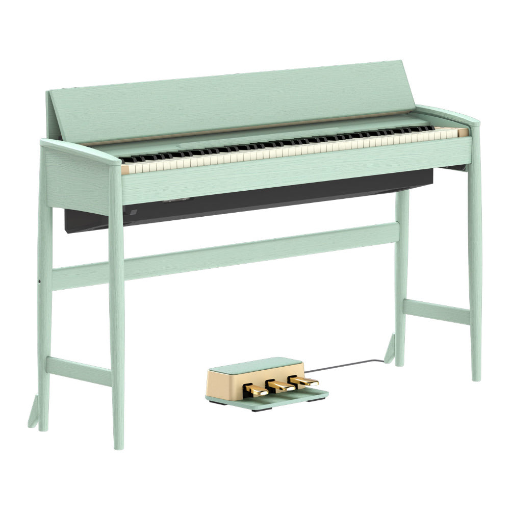 Roland Kiyola KF20 Artisan Digital Piano Celadon Green Front View ; Roland Kiyola KF20 Artisan Digital Piano Celadon Green Top View ; Roland Kiyola KF20 Artisan Digital Piano Celadon Green Angled View ; Roland Kiyola KF20 Artisan Digital Piano Celadon Green Pedals View