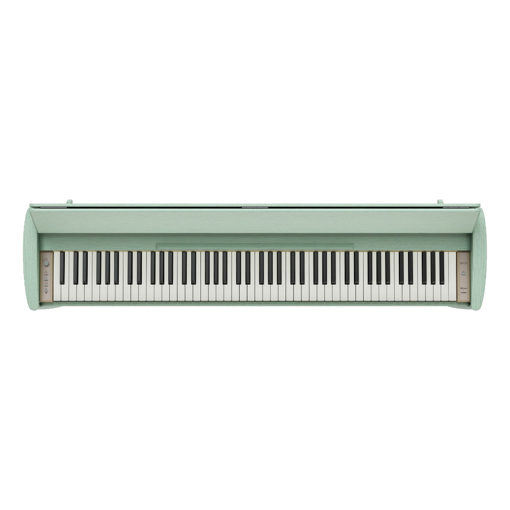 Roland Kiyola KF20 Artisan Digital Piano Celadon Green Front View ; Roland Kiyola KF20 Artisan Digital Piano Celadon Green Top View ; Roland Kiyola KF20 Artisan Digital Piano Celadon Green Angled View ; Roland Kiyola KF20 Artisan Digital Piano Celadon Green Pedals View