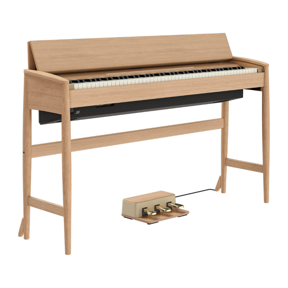 Roland Kiyola KF20 Artisan Digital Piano Pure Oak Front View ; Roland Kiyola KF20 Artisan Digital Piano Pure Oak Angled View ; Roland Kiyola KF20 Artisan Digital Piano Pure Oak Top View ; Roland Kiyola KF20 Artisan Digital Piano Pure Oak Pedals View