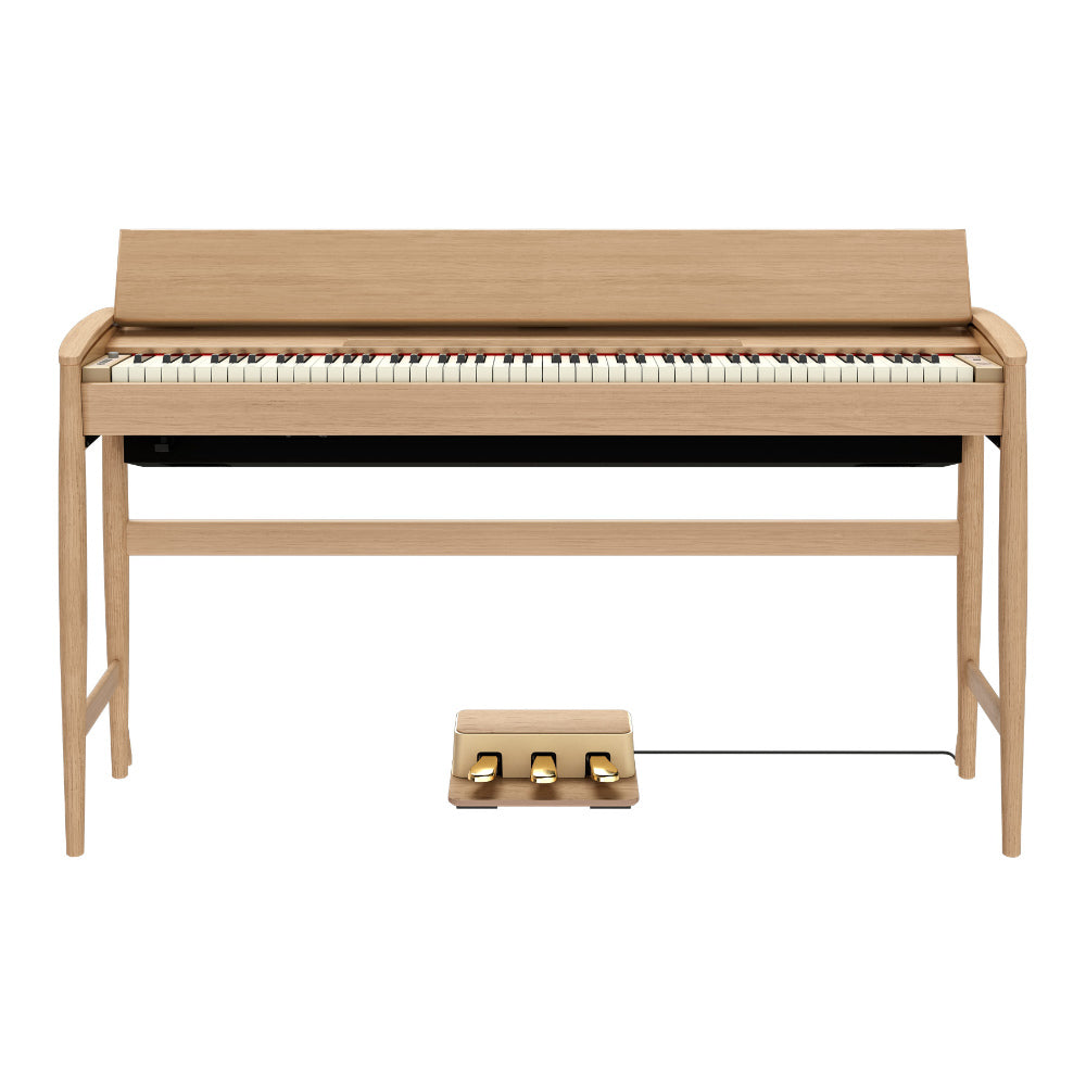 Roland Kiyola KF20 Artisan Digital Piano Pure Oak Front View ; Roland Kiyola KF20 Artisan Digital Piano Pure Oak Angled View ; Roland Kiyola KF20 Artisan Digital Piano Pure Oak Top View ; Roland Kiyola KF20 Artisan Digital Piano Pure Oak Pedals View