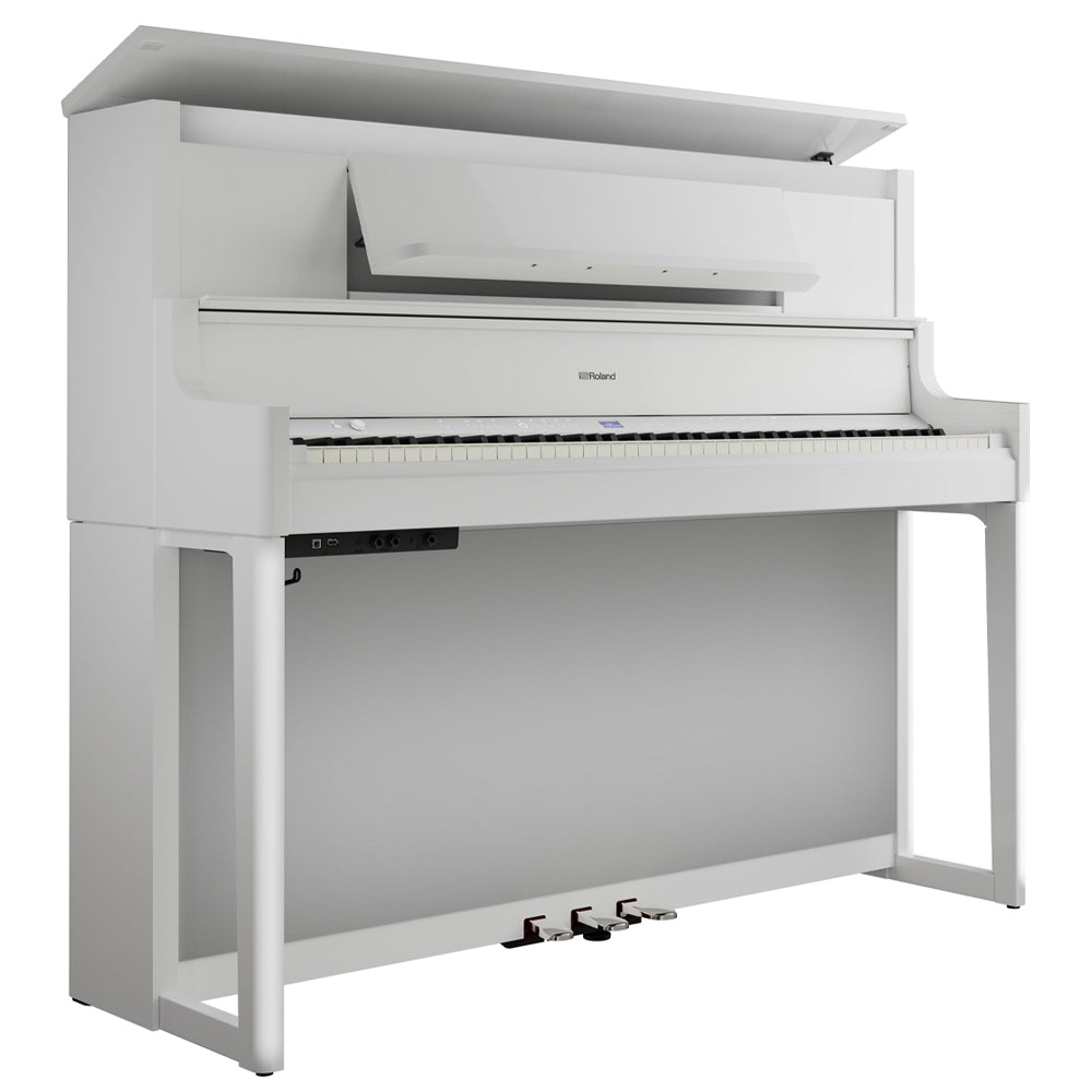 Roland LX9PW Digital Piano Polished White W/Piano Bench Angle ; Roland LX9PW Digital Piano Polished White W/Piano Bench Front