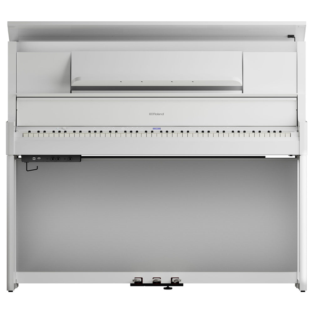 Roland LX9PW Digital Piano Polished White W/Piano Bench Angle ; Roland LX9PW Digital Piano Polished White W/Piano Bench Front