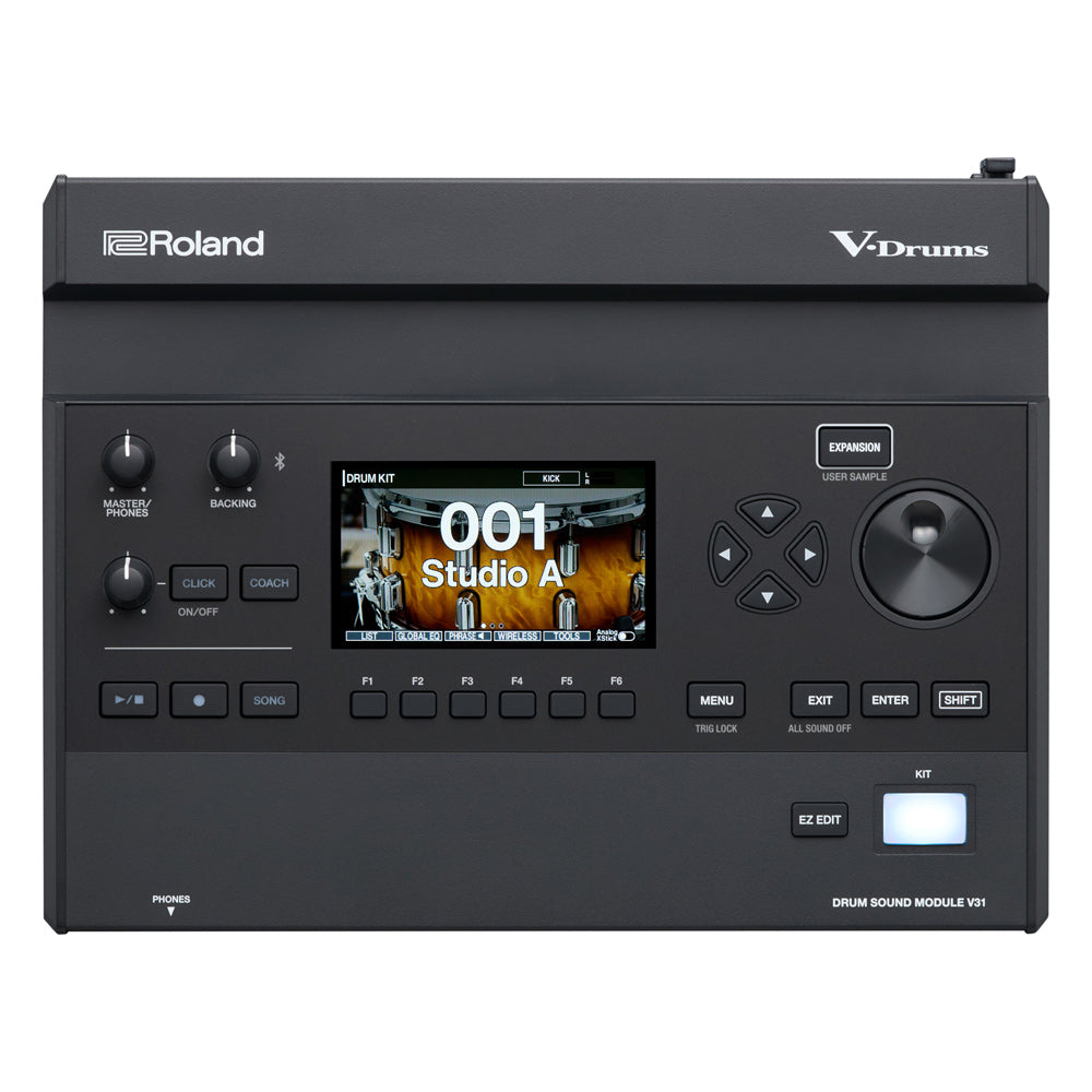 Roland V31 Module ; Roland V31 Drum Sound Module Side View ; Roland V31 Drum Sound Module Top View with sticks ; Roland V31 Drum Sound Module Back View