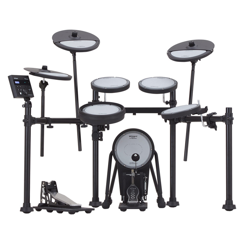Roland VQD106S Quiet Design Digital Drum Kit Front ; Roland VQD106S Quiet Design Digital Drum Kit Right ; Roland VQD106S Quiet Design Digital Drum Kit ; Roland VQD106S Quiet Design Digital Drum Kit Above ; Roland VQD106S Quiet Design Digital Drum Kit Module ; Roland VQD106S Quiet Design Digital Drum Kit Rack