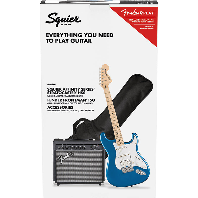 Squier Affinity Strat Pack Lake Placid Blue pack ; Squier Affinity Strat Pack Lake Placid Blue contents ; Squier Affinity Strat Pack Lake Placid Blue guitar ; Squier Affinity Strat Pack Lake Placid Blue amp