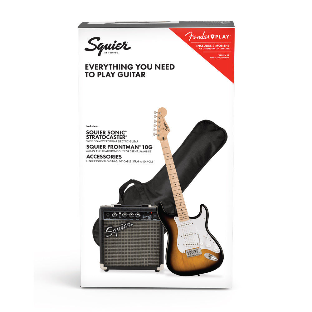 Squier Sonic Stratocaster 3-Colour Sunburst Electric Guitar Pack ; Squier Sonic Stratocaster 3-Colour Sunburst Electric Guitar Pack Contents