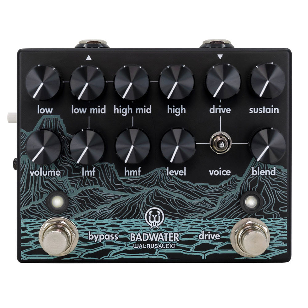 Walrus Audio Badwater Bass Pre-Amp D.I. Front ; Walrus Audio Badwater Bass Pre-Amp D.I. Angle ; Walrus Audio Badwater Bass Pre-Amp D.I. Side